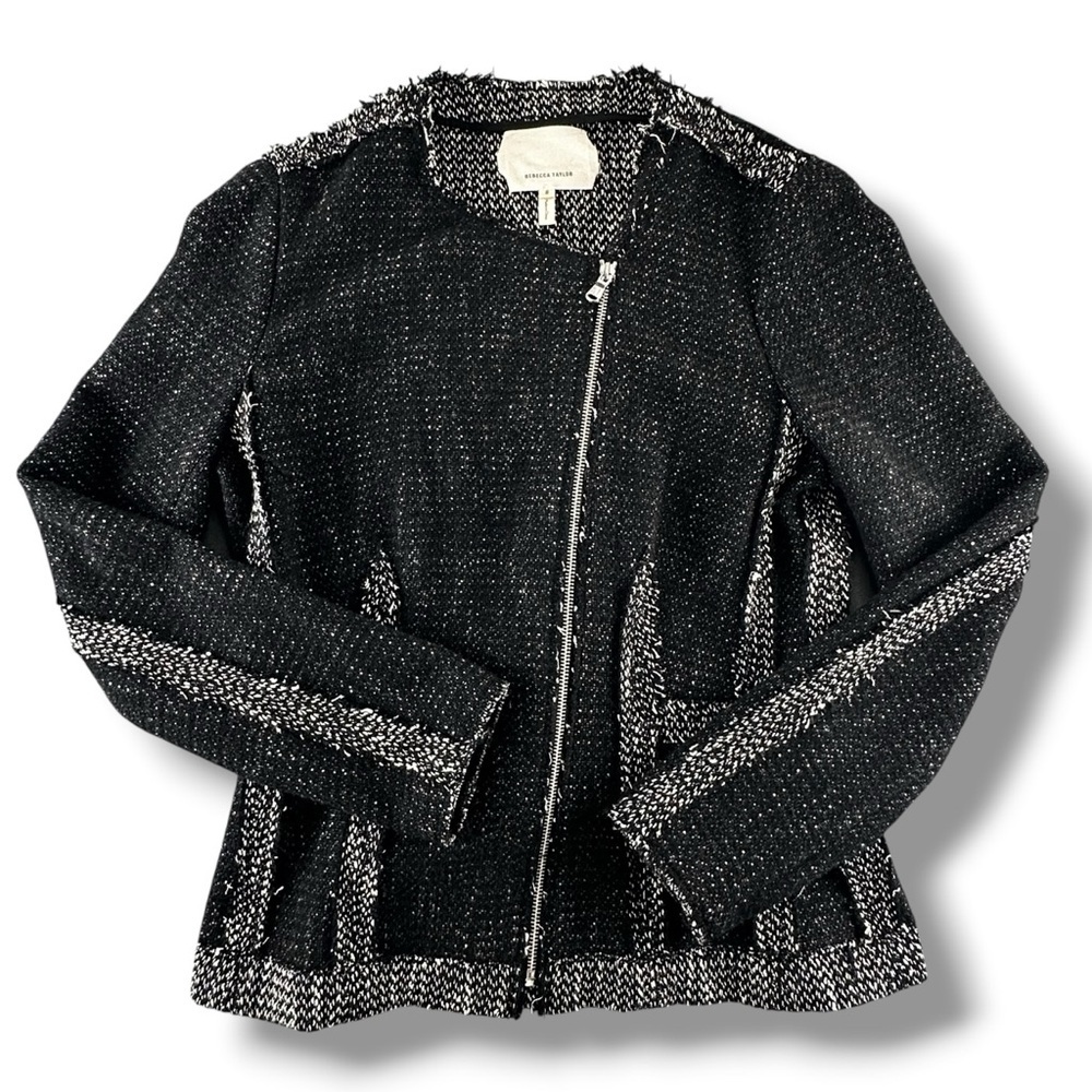 Rebecca Taylor Structured Chevron Tweed Moto Blazer Zip Front Size 8 EUC